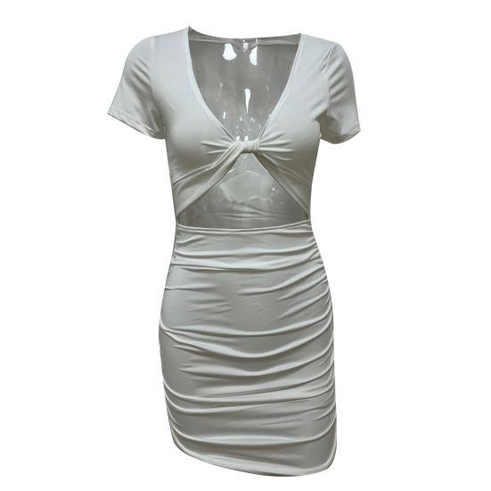 Женское платье-футляр с глубоким V-образным вырезом, плиссированными узкими короткими рукавами, сплошной цвет, узкая высокая талия, мягкое эластичное женское вечернее мини-платье для ночного клуба