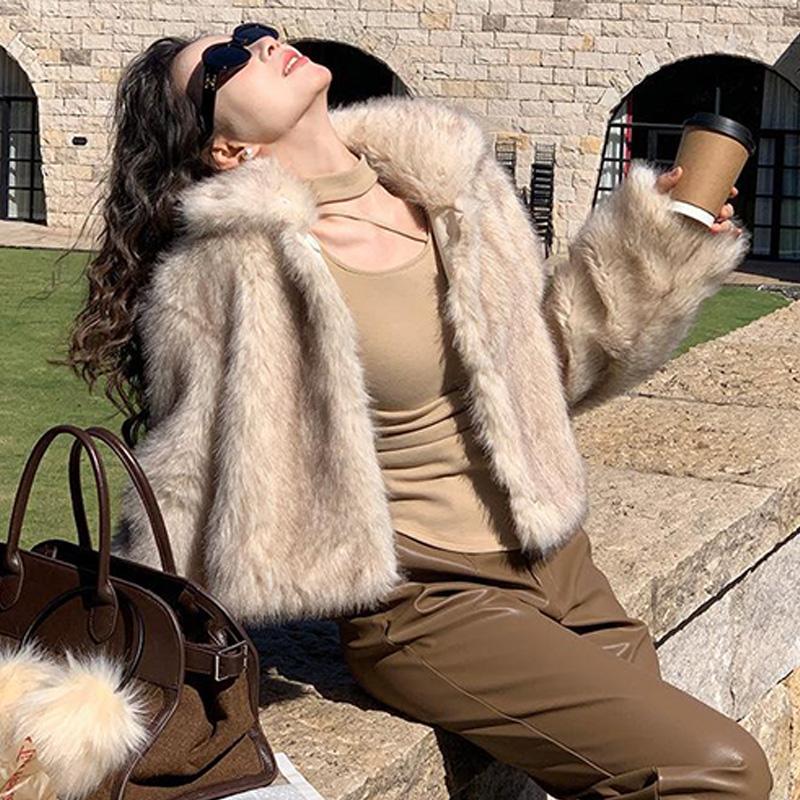 Модная роскошная короткая куртка из искусственного меха для женщин с воротником-стойкой и длинным рукавом, свободная куртка для осени и зимы, ленивая толстая уличная верхняя одежда