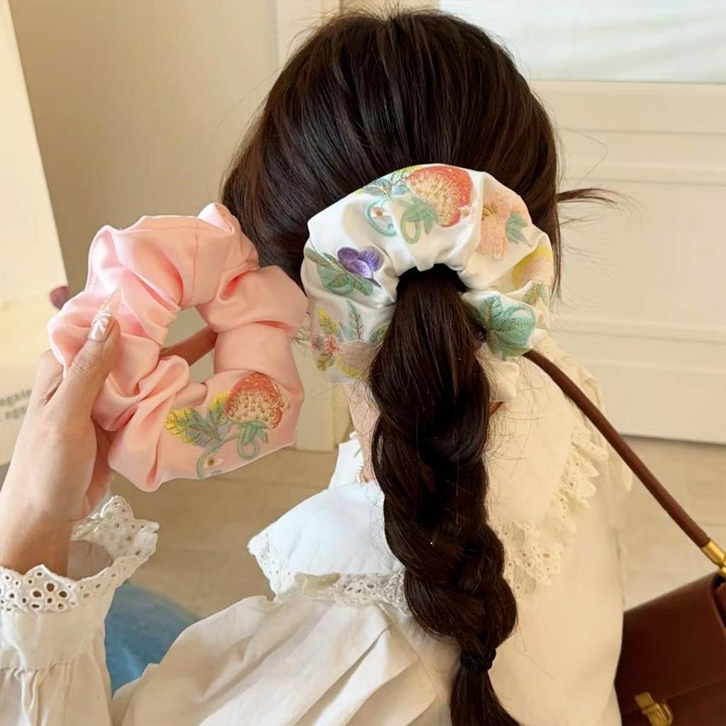 1pc High-end Korean Strawberry Grape and Flower Embroidery Craft Satin Texture Large Elastic Hair Band for Ladies