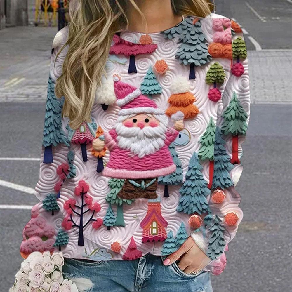 Рождественская женская толстовка с круглым вырезом, с длинным рукавом, свободная, повседневная, с милым рисунком Санта-Клауса, с забавным рисунком, с принтом