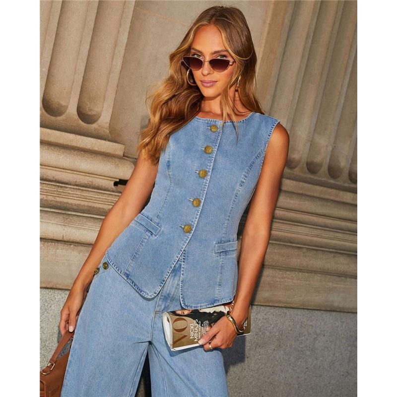Европейский и американский темперамент Пуговичный жилет без рукавов Джинсы клеш Джинсовая куртка