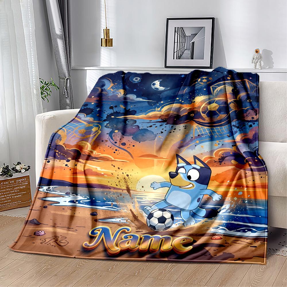 Bluey Soccer Adventure Customize Text Blanket Cozy Customizable Blanket Comfortable Great for Bedding Couch Sofa Office Chair Four Seasons Universal