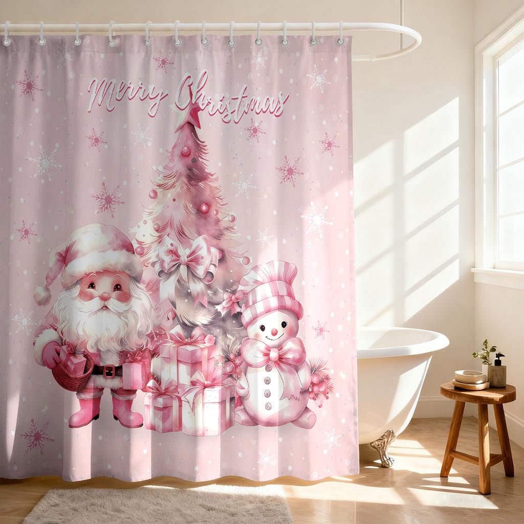 1pc Pink Merry Christmas Santa Claus Print Waterproof Shower Curtain Partition Privacy Hanging Curtain 12 Hooks Multiple Sizes