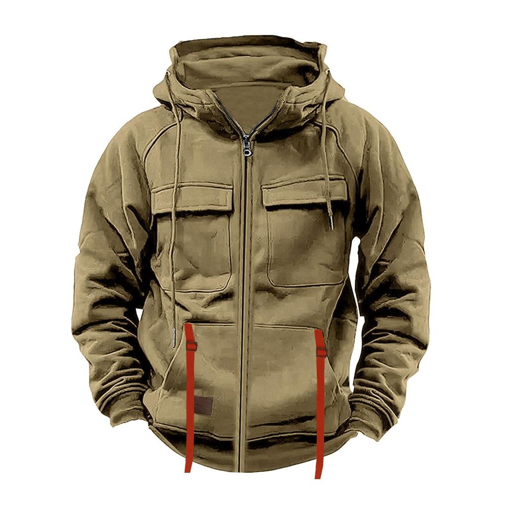 Men's Fashionable Solid Color Long Sleeve Hooded Loose Sweatshirt Sports Multi Pocket Sweatshirt Jacket