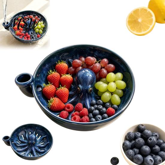 Novelty Octopus Relief Bowl Shaped Berry Washing with Drainage Slots, Retro Style Handmade Ceramic Food Strainer Fruit Strainer, Decorative Vegetable