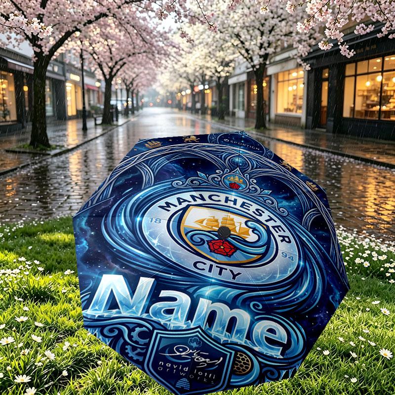 Custom Name Personalized Manchester City Print Umbrella, Auto Open Close, 8‑Rib Sturdy Frame, Commute Camping Hiking Use, Birthday Gift