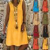 Women's Linen Midi Dress V Neck Sleeveless Tunic Baggy Shirt Dress Casual Solid Color A-Line Beach Dress