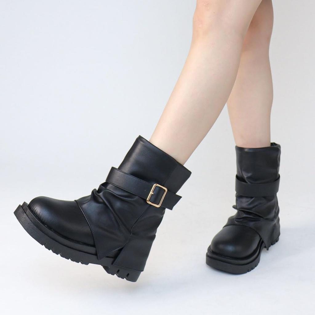 Короткий голенище толстый 5см красивый круглый мягкий ПУ синтетический большой размер японский размер обуви числовой [Liberty Doll] Женские ботинки, сапоги, драпировка, свободный,