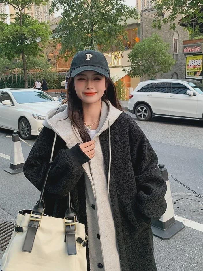 Корейский шикарный длинный капюшон из овчины с юбкой-пальто - женский осенне-зимний модный тренд из двух предметов