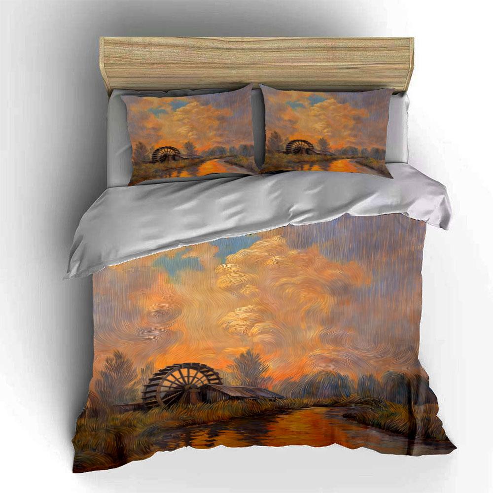 Sunset, waterwheel, trees, sky. Bedding sets Duvet cover sets Duvet covers Pillowcases(1* Duvet Cover 2* Pillowcases without duvet insert)