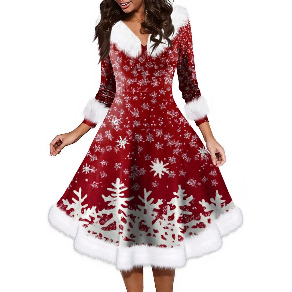 Женское модное повседневное платье с v-образным вырезом и рождественским принтом для вечеринки с длинными рукавами