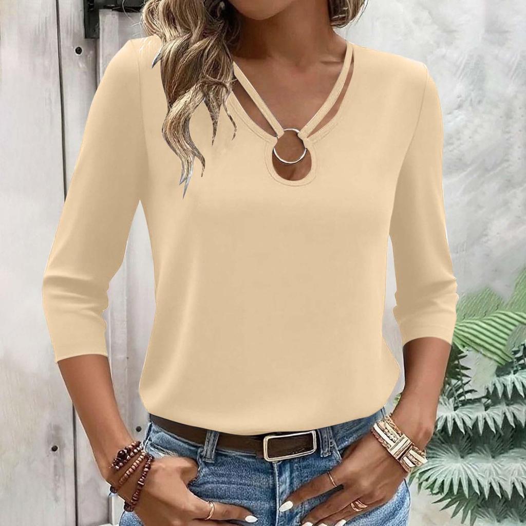 Women's T-shirt Solid Color V Neck 3/4 Sleeve Top