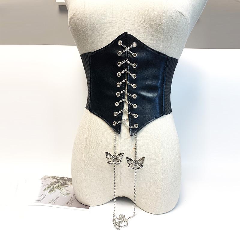 New Women's Extra Wide Corset-Style Embroidered Waist Belt with Bow Tie Chain
