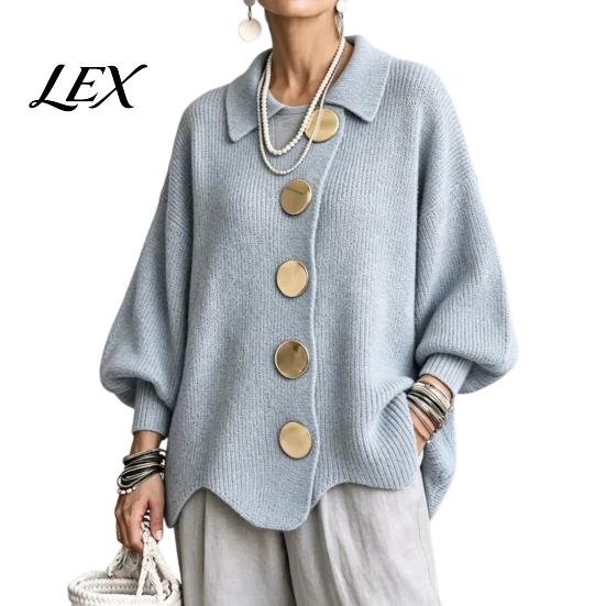 Metal Button Cardigan Women Oversized Knit Sweater, Collared Top with Large Relaxed Fit Buttons, Loose Lantern Sleeve Casual Sweater for Spring Autumn