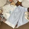Летний наряд для девочки Мультяшная футболка с коротким рукавом с кружевной отделкой в синюю клетку Прямые брюки Комплект из двух предметов