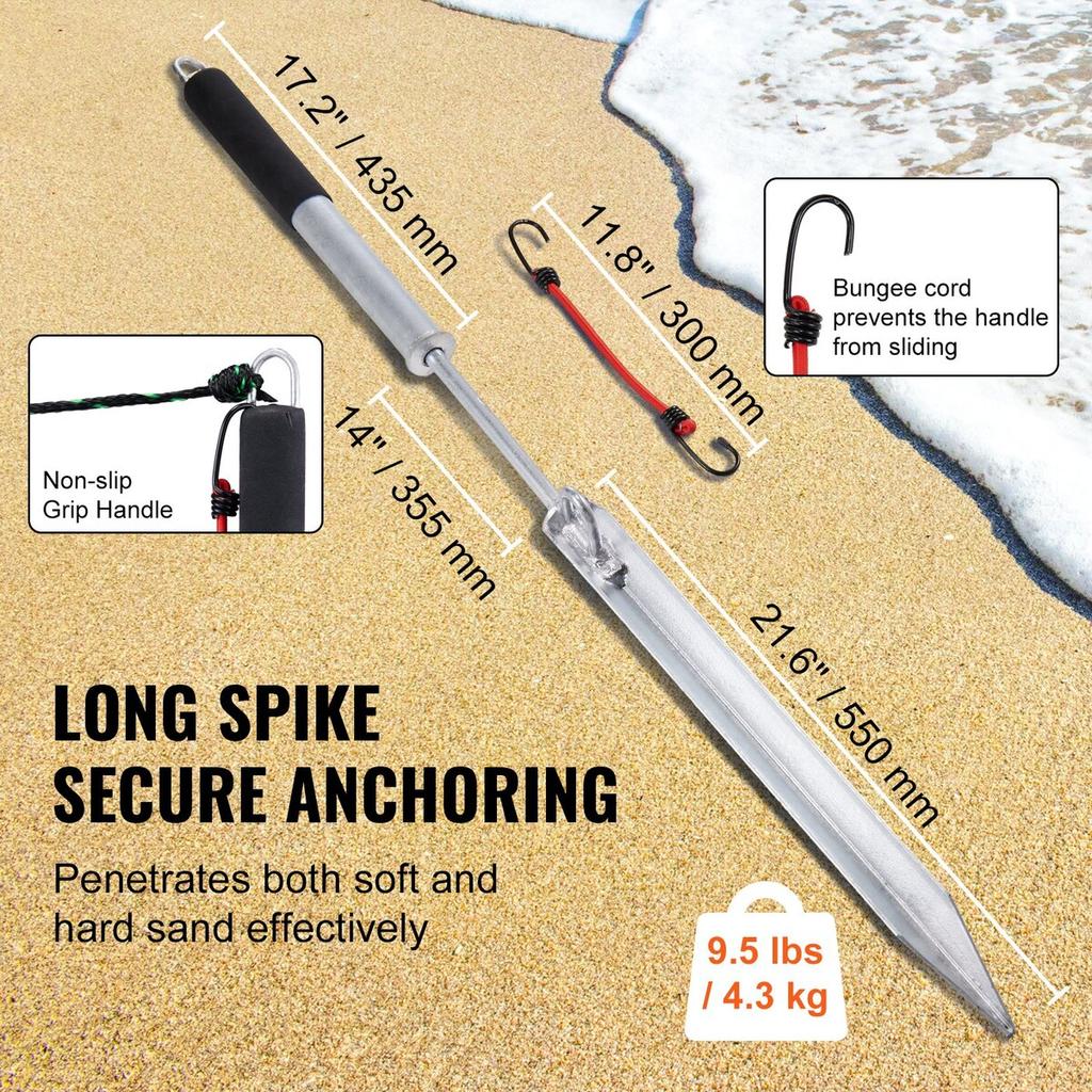Sand Spike Boat Anchor Pole, 36" Galvanized Carbon Steel Slide Anchor Shore Spike, Self-Hammering Beach Spike Anchor for Small Boat Jetski Pontoon