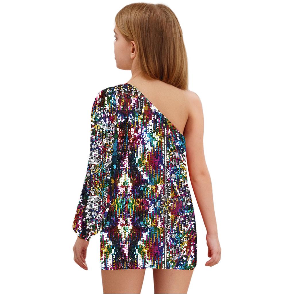 Платье для девочек с блестящими пайетками, на одно плечо, с длинным рукавом, длиной выше колена, праздничное платье на день рождения, для конкурса красоты, для свадьбы