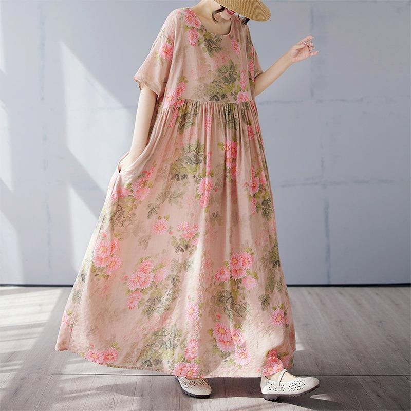 Простое богемное длинное платье лето новое полнящее плюс короткий рукав круглый вырез платье с принтом женская одежда