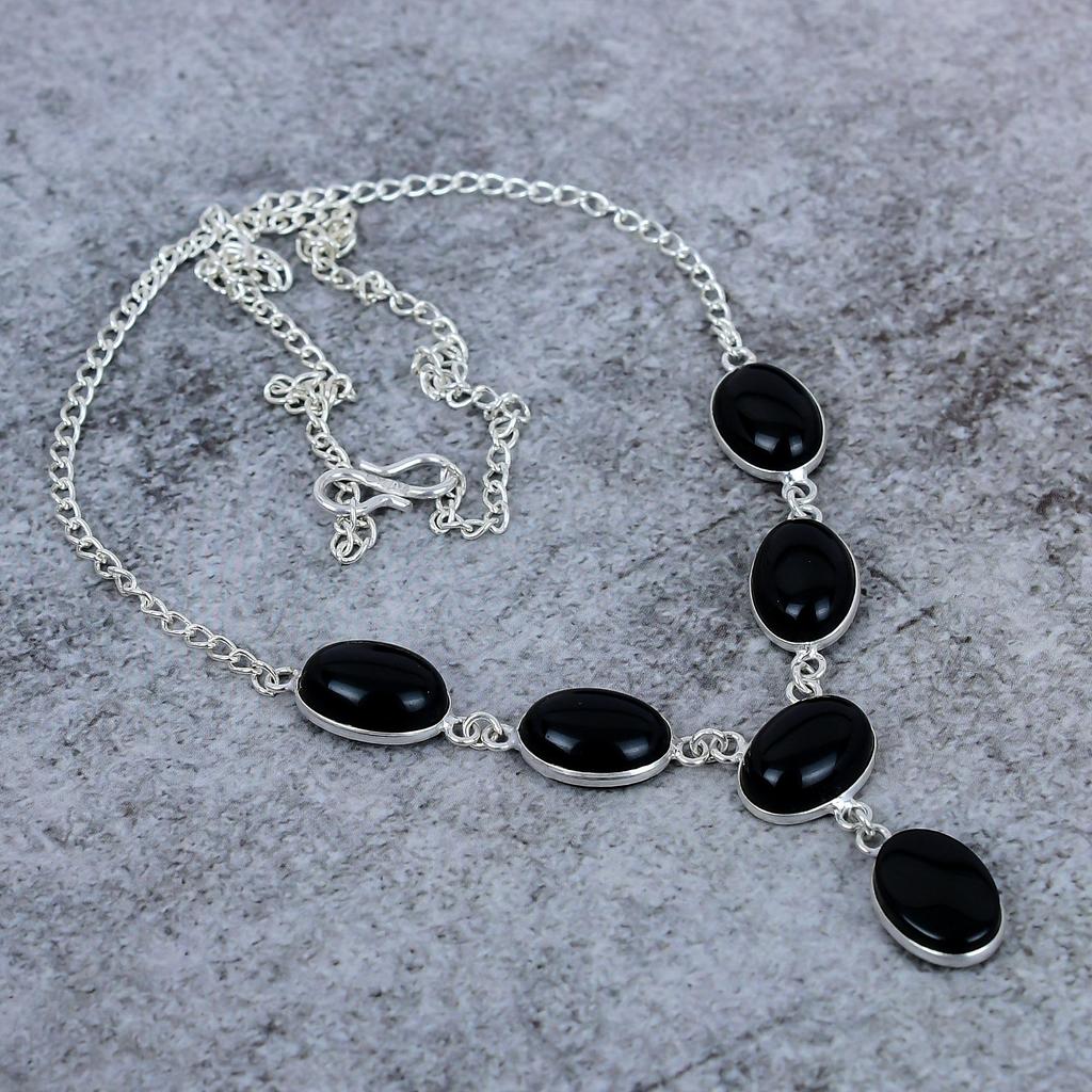 Black Onyx Gemstone Handmade 925 Sterling Silver Jewelry Necklace 18" M-411