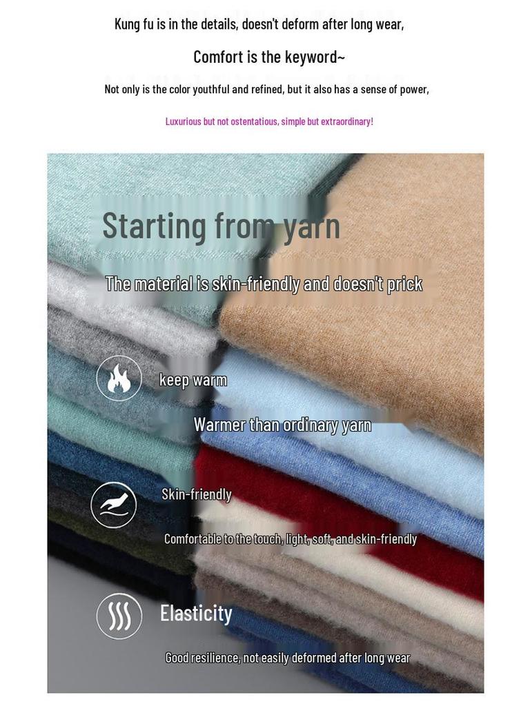 Мужской свитер из 100% чистой шерсти: Вязаный пуловер с полувысоким воротником, повседневный свободный свитер из кашемира, базовый слой одежды.