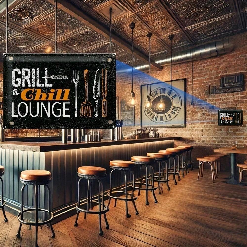 1 шт. Винтажная металлическая табличка Art Deco "Grill & Chill", атмосферостойкая, УФ-стойкая, настенный декор