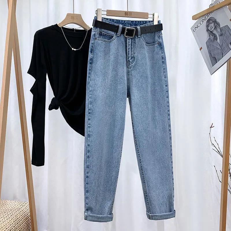 Fleece jeans women's loose high waist straight tube, thin, thickened and warm nine-point radish