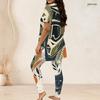 Women Plus Size Printed Two Piece Set Round Neck Short Sleeve Long Top And Fitted Long Pants