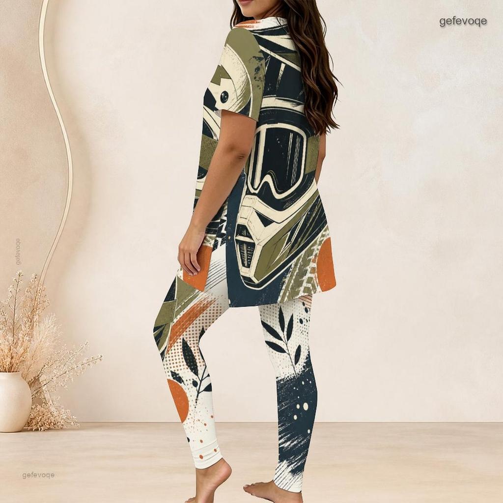 Women Plus Size Printed Two Piece Set Round Neck Short Sleeve Long Top And Fitted Long Pants