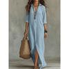Loose V Neck Long Sleeve Solid Color A Line Maxi Dress