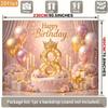 Party Banner with Golden 8 Crown Cake Balloons, Pink Flowers and Candles, Glitter Birthday Backdrop Decoration for Room, Home, Club, Farm