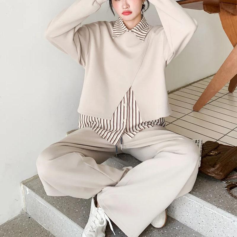 Женские костюмы комплекты хлопок большой размер жилет рубашка брюки клеш утолщенные длинные брюки тройка оверсайз костюм 3 предмета