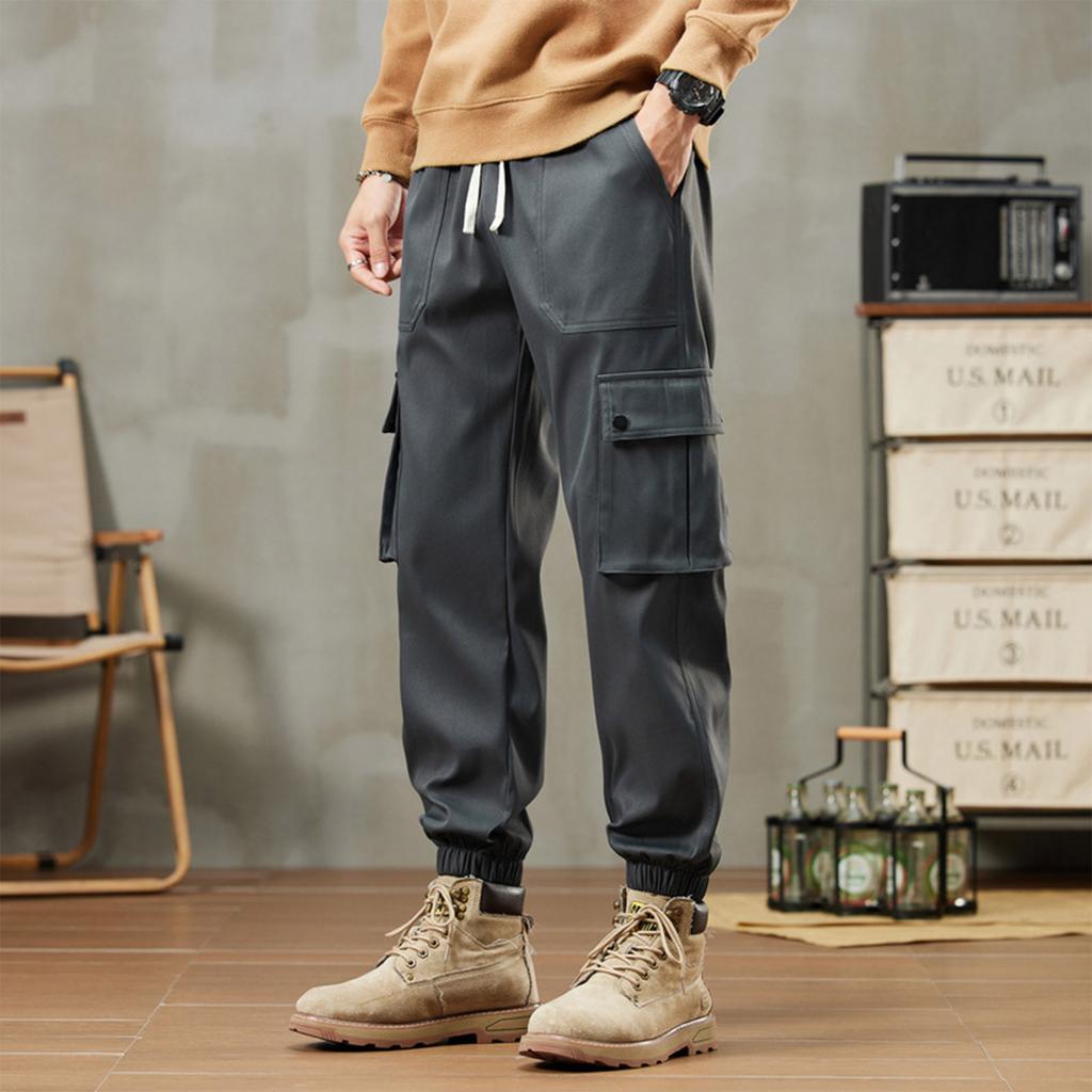 Men's Solid Color Overalls Loose Fitting Drawstring Pants Trendy Multi Pocket Casual Pants