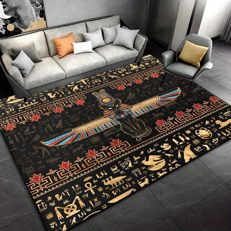 Egyptian Cat and Hieroglyphs Rug Ancient Civilization Art for Modern HomesLarge Floor Mat Anti slip carpet can be machine washed