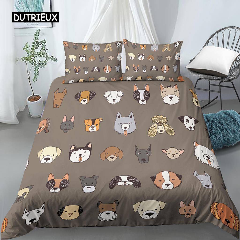 Пододеяльник с изображением мультяшной собаки, комплект постельного белья King Size с забавным принтом мопса для детей, мальчиков и девочек, тема животных, 2/3 шт., двойной пододеяльник