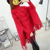 High Neck Fringed Cloak Large Size Long Sleeve Knitted Solid Color Outer Cloak Cloak Shawl