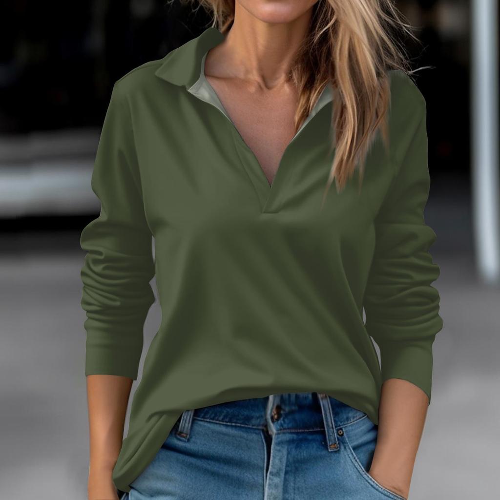 Women's Autumn And Winter Tops V-Neck Solid Color Casual Fashion Top T-Shirt