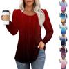 Women's Casual Top Gradient Printed Round Neck Long Sleeved Pleated T-shirt