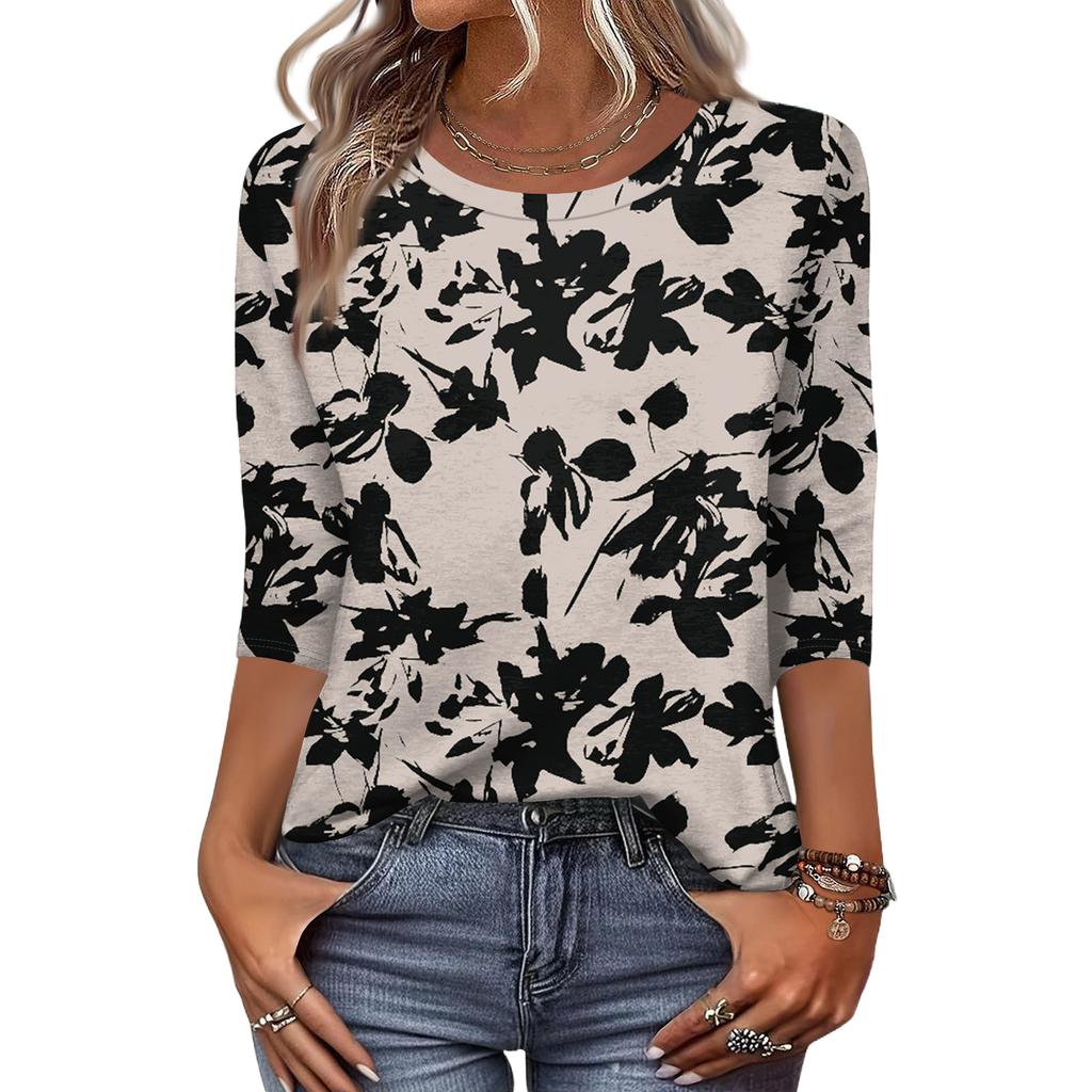 Women's Fashion Casual Round Neck 3/4 Sleeve Loose Printed T-Shirt Ladies Top