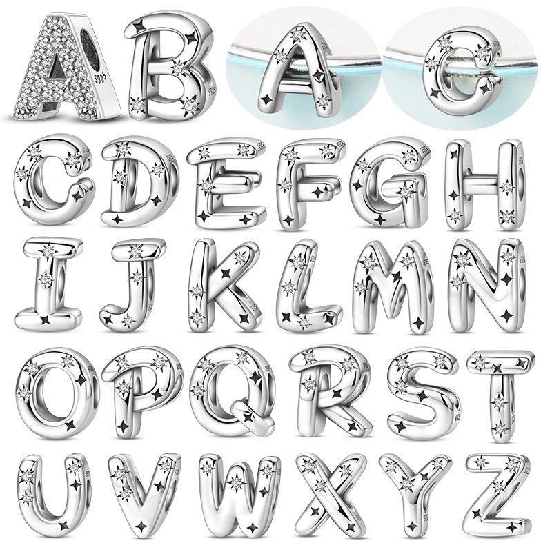 Silver 925 26 Starlight Letters A-Z Alphabet Charms Beads Fit Charms Silver Bracelet DIY Fine Jewelry for Women Gifts