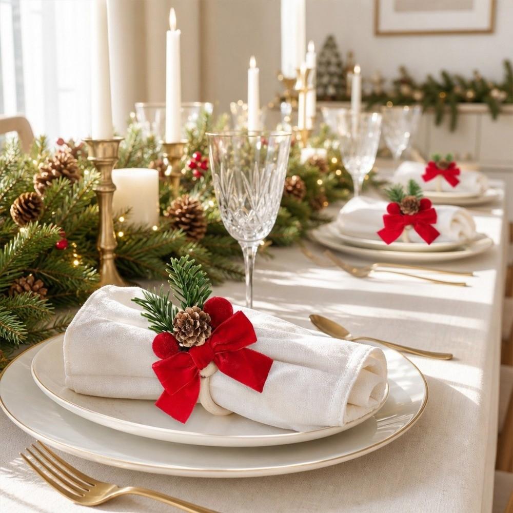 6PCS Realistic Red Bow Napkin Rings Fabric Craft Xmas Table Napkin Holder For Table Decoration