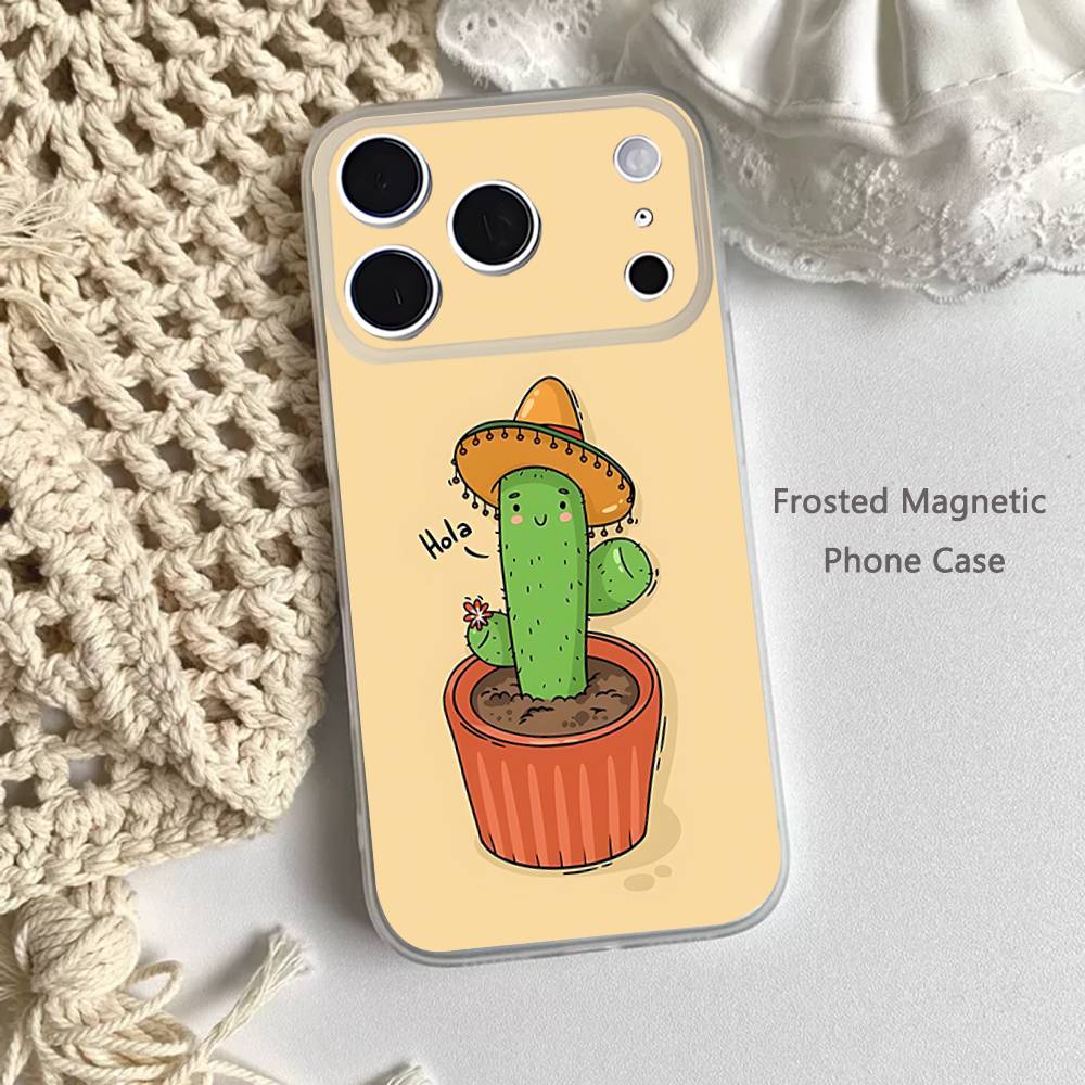 Cartoon Plant Cactus Phone Case For iPhone 14,16,12,17,13,15,11 Max,Pro,Mini,Plus,Air,E Magnetic Frosted Transparent