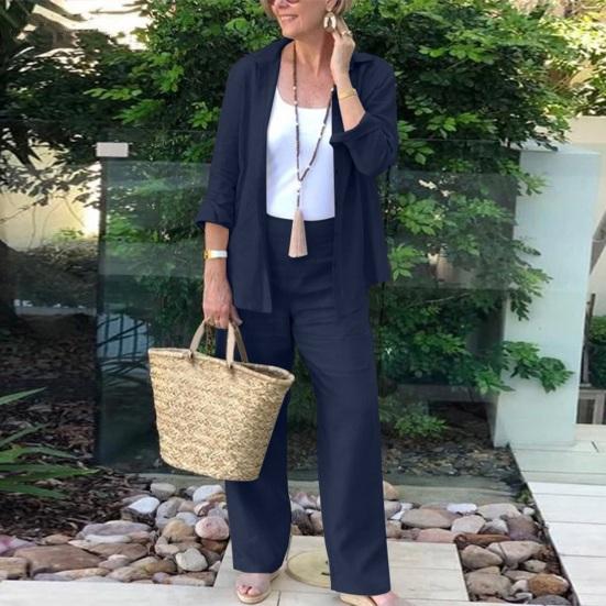 2Pcs/Set Women Casual Outfit Lapel Long Sleeve Buttons Closure Shirt High Waist Straight Wide Leg Long Pants Set Daily Wear