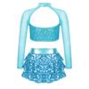 Girls Dance Outfit Long Sleeve Cutout Crop Top with Sparkling Sequins Tiered Ruffle Skirted Shorts