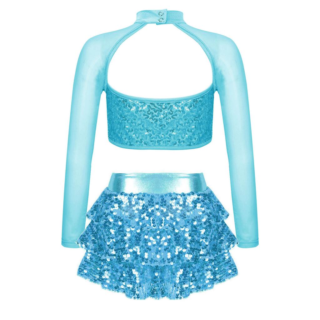 Girls Dance Outfit Long Sleeve Cutout Crop Top with Sparkling Sequins Tiered Ruffle Skirted Shorts