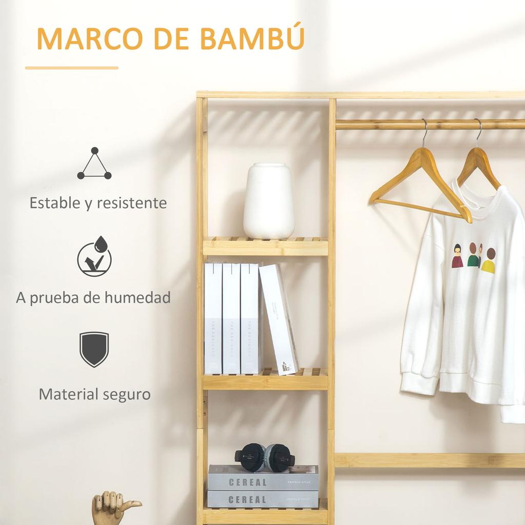 Bamboo Freestanding Clothes Rack with 4-Tier Shelving, Bottom Shelf, 90x30x155cm, Natural