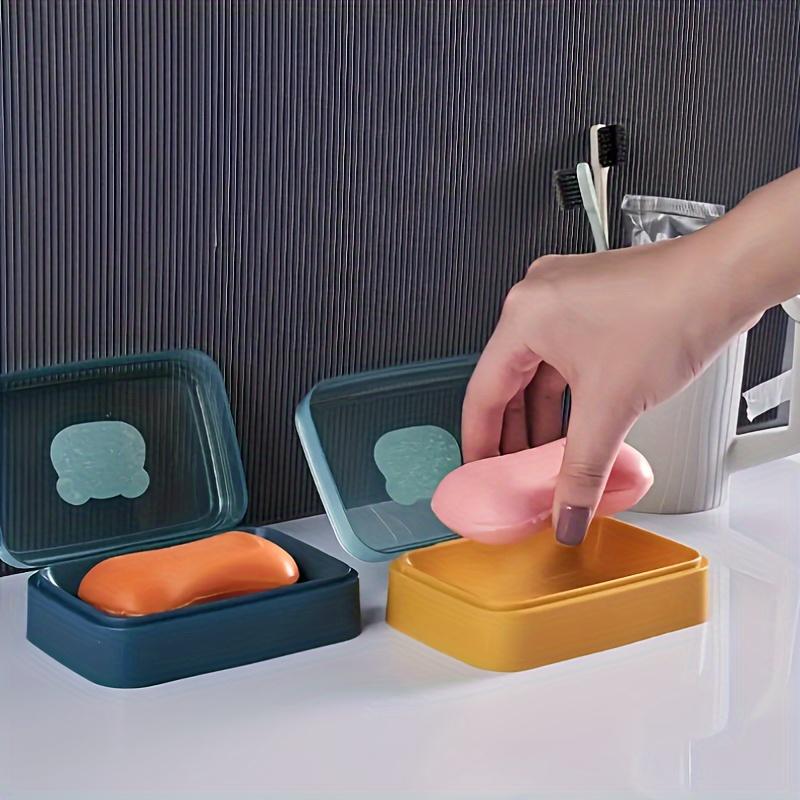 Rectangular Plastic Soap Dish with Flip-Top - Creative Drainage Holder for Bathroom Countertop, Bear-Shaped Soap Storage Box
