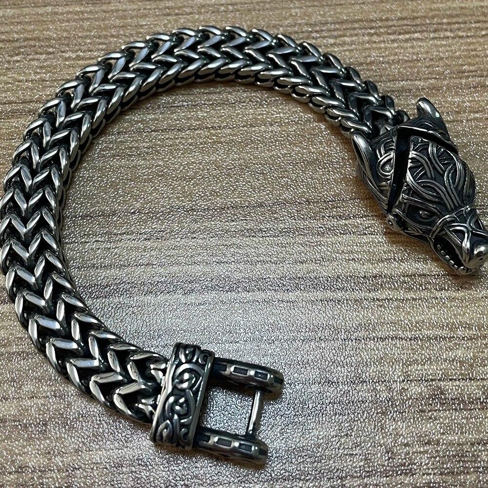 Nordic Viking Bracelet for Men Vintage Wolf Head Scandinavian Bracelet Men's 12MM Width S.Steel Square Franco Link Curb Chain