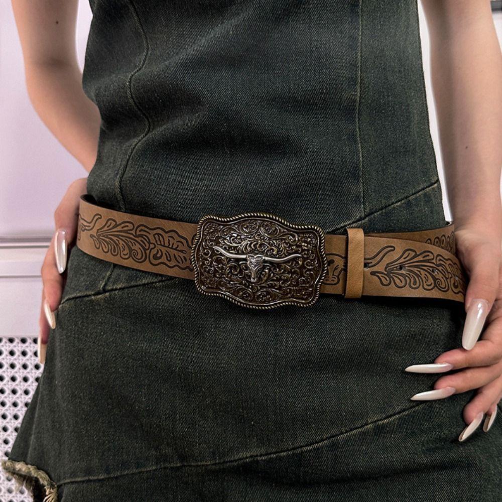 Retro Western Cowboy Belt Cow Head Buckle Waistband Trendy Embossed Belt For Man Women