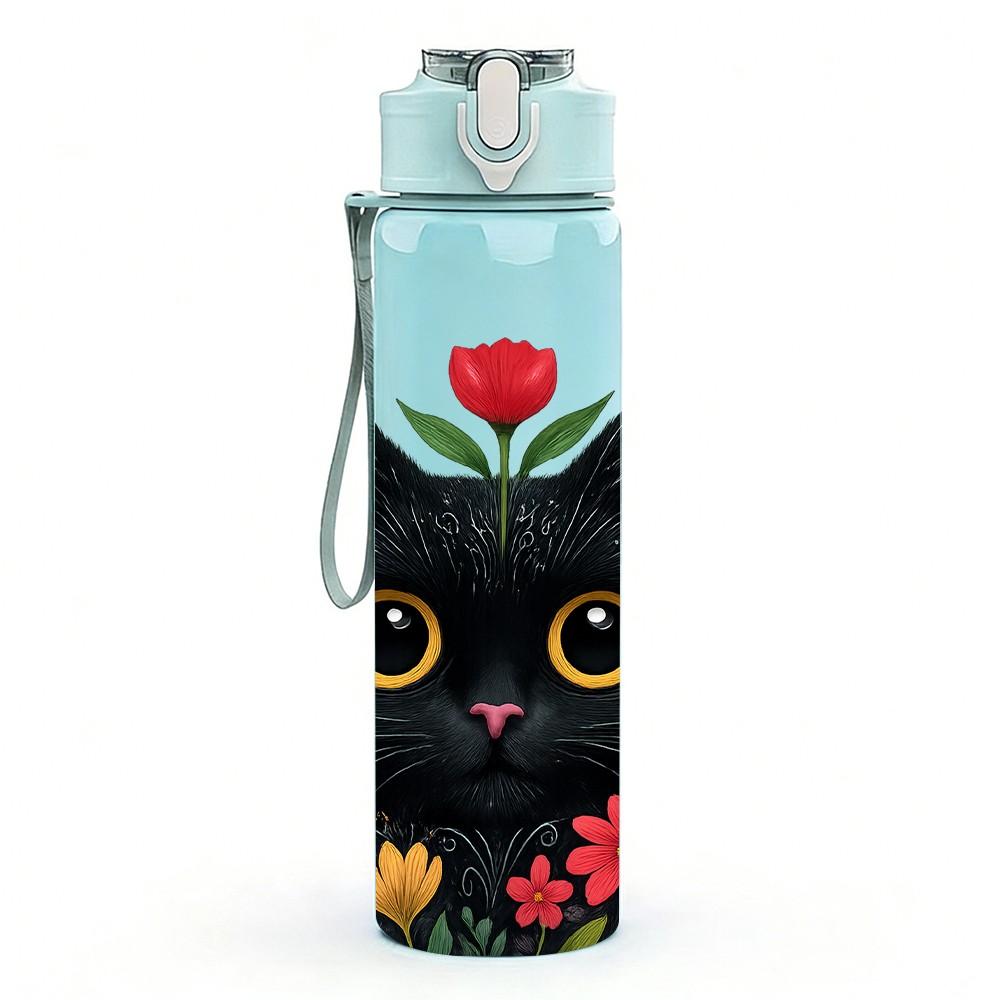 1PC Black Cat Rose Floral 750ml Color Plastic Sports Water Bottle Leakproof Flip Straw Lid Suitable for Sports Office Home Use