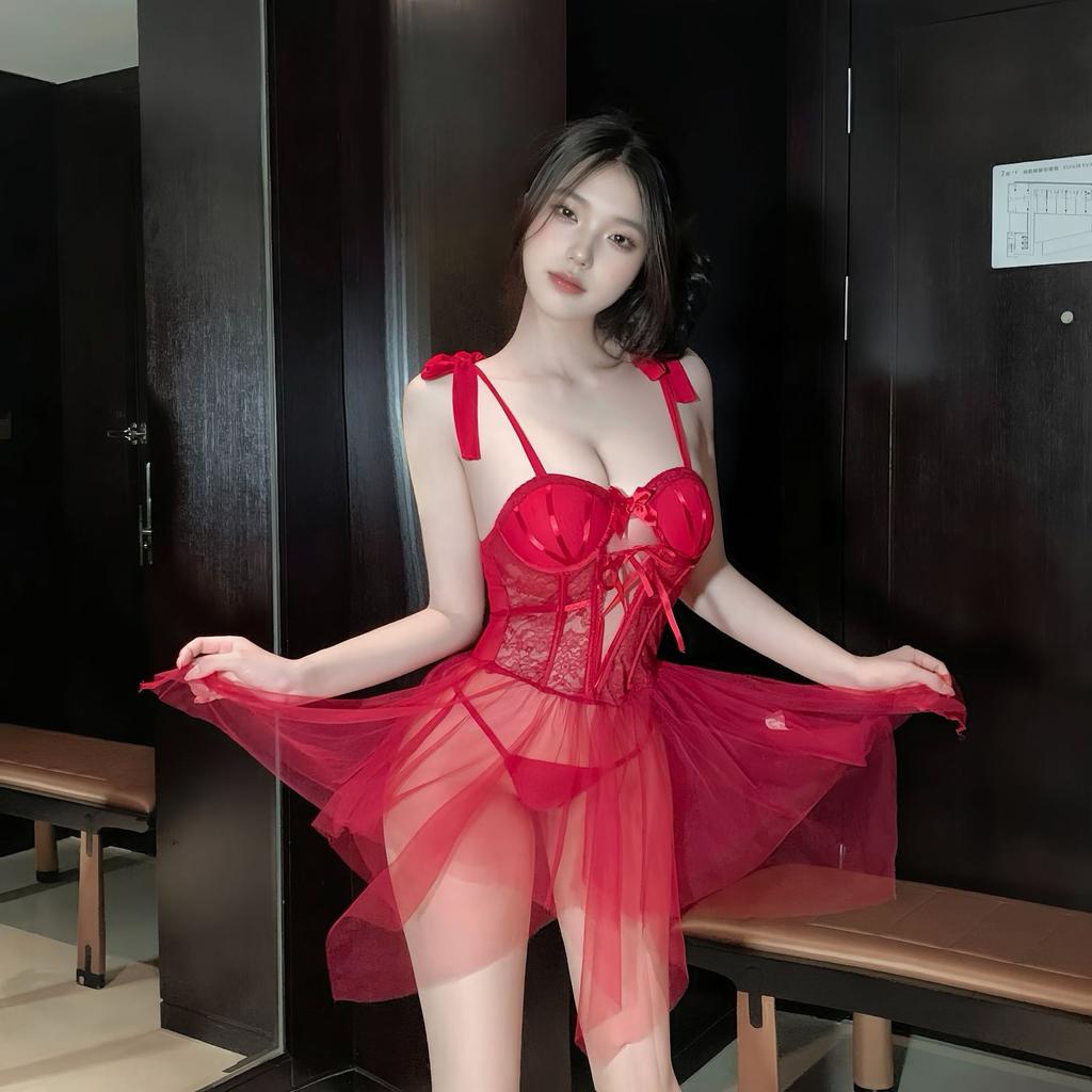 Sexy underwear, sexy slim mesh perspective plus chest pad, steel ring gathering suspenders, nightdress women's suit